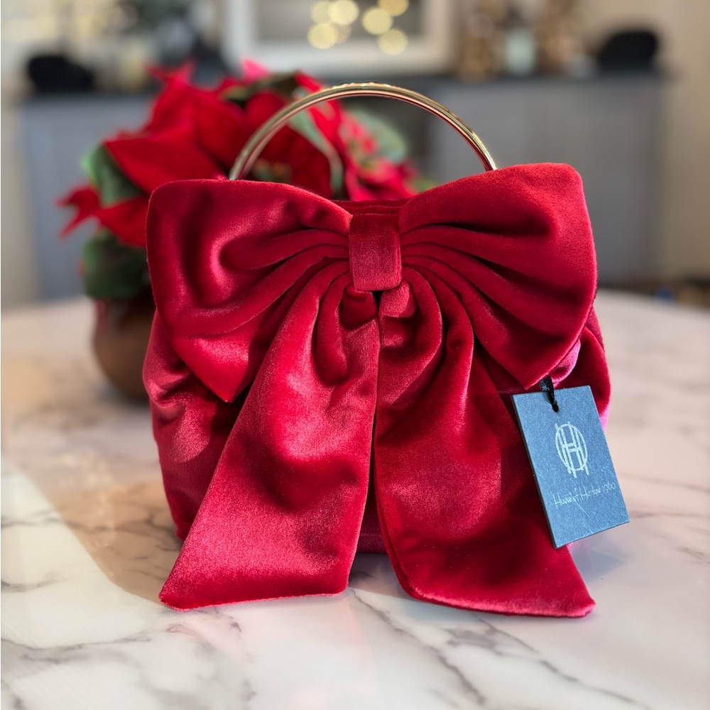 House of Harlow 1960 Red Velvet Bow Mini Bag Gold Ring Top Handle Clutch NWT